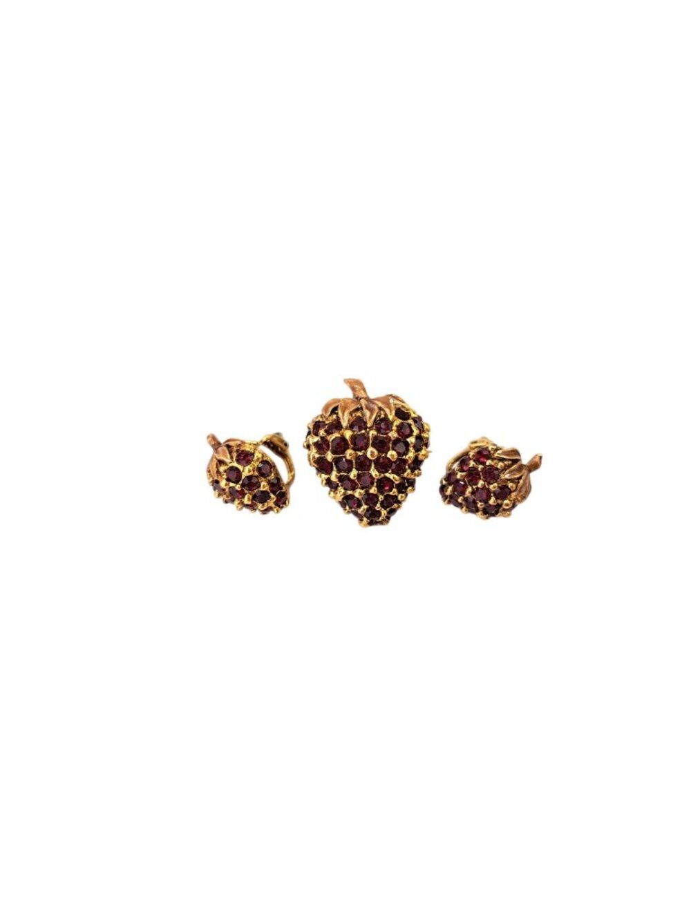 Vintage Gold-Tone Strawberry Brooch & Clip-On Earring Set Red Rhinestones Enamel